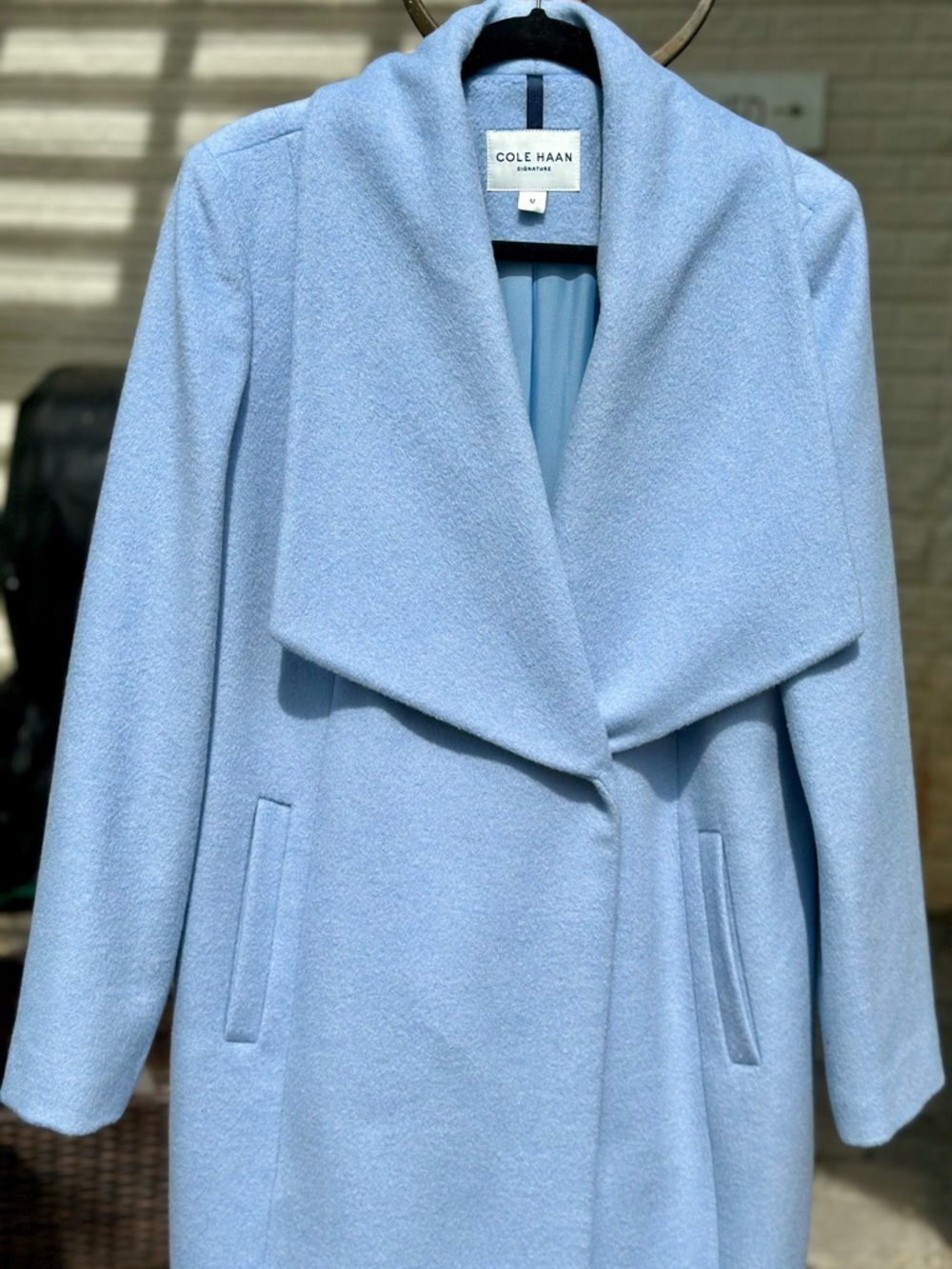 Cole Haan Women’s Pale Blue Wool Blend Lined Draped Shawl Collar Coat - Picture 16 of 16